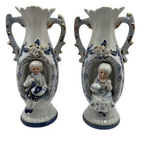 Vintage 1960s Norleans 2 Victorian Style Porcelain Figurine Vases Made In Japan
